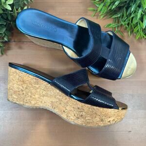 Jimmy Choo Women's Blue Embossed Leather Wedge Sandals Size 41 US 11